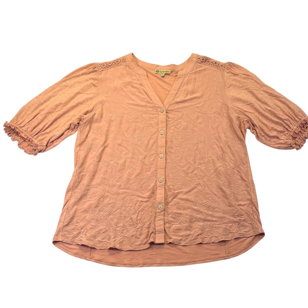 Democracy Womens Peach Floral Embroidered Lace V-Neck Button Top Large 1128C2